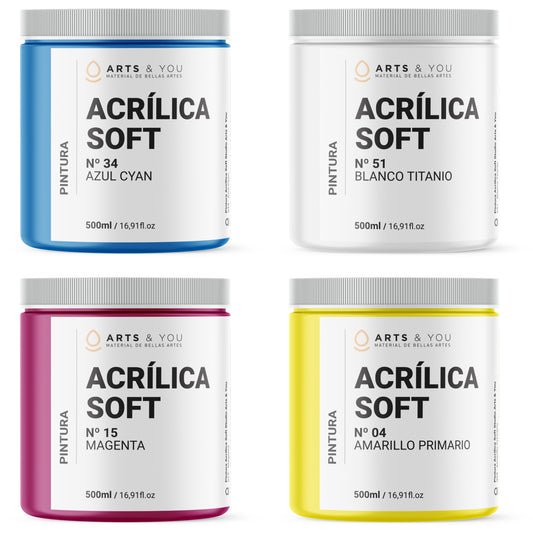 Pack 4 Colores Primarios 500ml Pintura Acrílica Soft Studio + Gesso 300ml Arts & You de Regalo